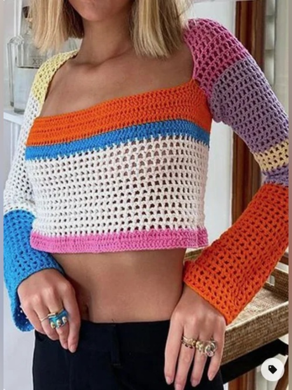 Multi-Color Crochet Square Neck Crop Top